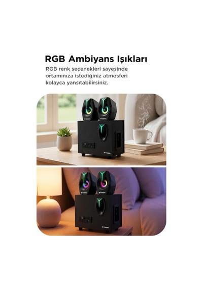 Delux Serisi Bilgisayar Hoparlörü D37 Siyah 2ın1 Surround Sistem Taşınabilir Ses Renkli Lamba