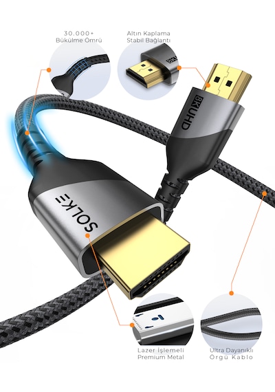 Solke Hdmı 2.1 Kablo 8k 60hz 4k 120hz 48gbps Ultra High Speed Örgülü Alüminyum 2 M