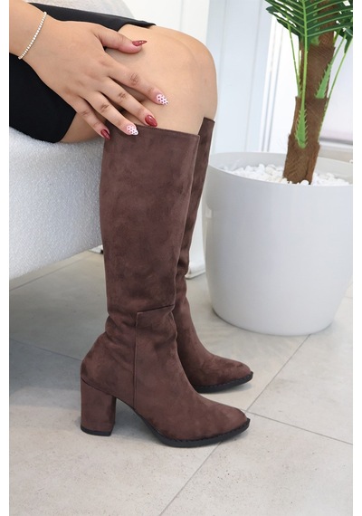 Asmi Shoes Kadın Lamor Kahve Süet 7 Cm Topuklu Yandan Fermuarlı Diz Altı Çizme 400
