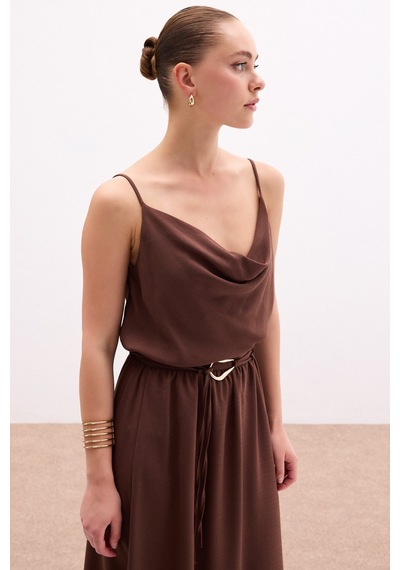 Sateen Degaje Yaka Dökümlü Bluz - Kahve-136055 Kahve