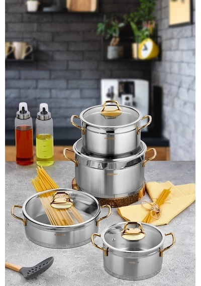 Cooker 8 Parça Paslanmaz Çelik Tencere Seti Çeyiz Seti Inox