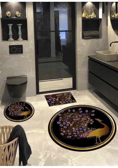 Tavus Kuşu, Kaymaz, Pamuk Dokuma Taban Yuvarlak Banyo Halısı-100X100 - 60X60 - 40X60 Cm (3'Lü Set) Çok Renkli