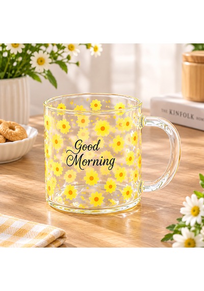Çemi 6 Adet Borosilikat Cam Kupa 'good Morning' Yazılı Papatya Desenli Isıya Dayanıklı Cam Kahve & Çay Kupası Seti Şeffaf