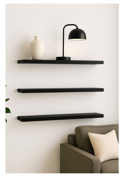 50 Cm 3lü Mat Siyah Mdf Uçan Duvar Rafı Gizli Bağlantı Kitaplık