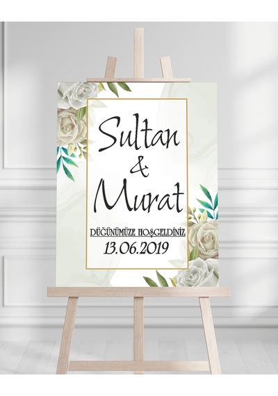 Söz Nişan Düğün İçin 50x70 Karşılama Panosu - Beyaz Gül Tasarımlı 003