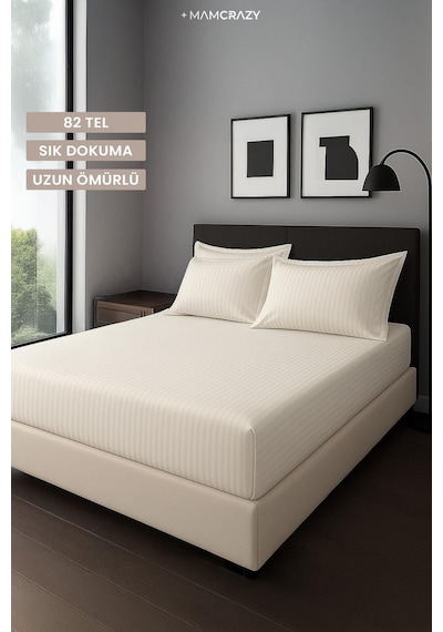 Satin Stripe %100 Pamuk Saten Tek Kişilik Çizgili Lastikli Çarşaf Seti Yastıklı 120x200+30 Bej