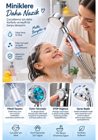 Turbo Pervaneli Duş Başlığı 360 Derece Döner Tazyikli Su Tasarruflu Duş Ahizesi Diğer