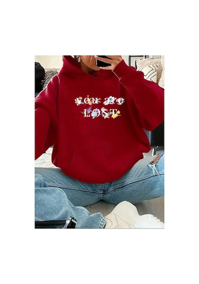 Herkesemoda You Are Lost Yazı Detaylı Kapüşonlu Sweatshirt Kırmızı