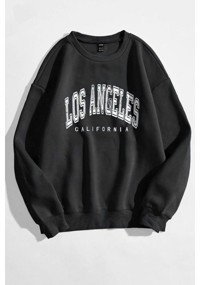 Los Angeles Yazı Tasarım Sweatshirt - Siyah Baskılı Oversize Kalın Kışlık Bisiklet Yaka Siyah Los Angeles Yazı Tasarım Sweatshirt - Siyah Baskılı Oversize Kalın Kışlık Bisiklet Yaka Siyah