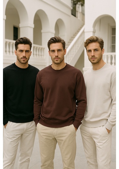 Rich Erkek 3'lü Paket Siyah - Kahverengi - Krem Bisiklet Yaka Scuba Sweatshirt Siyah