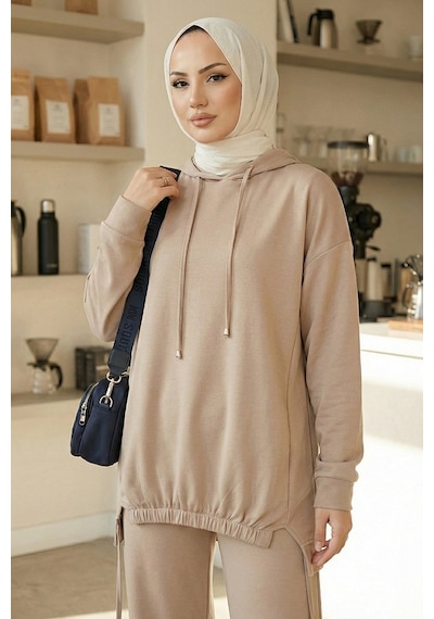 Bestenur Kapüşonlu Tunik Pantolon Takım 1682 - Vizon Vizon