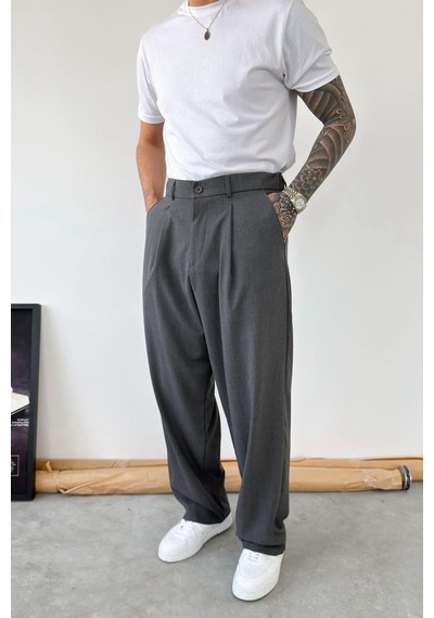 Koyu Gri Pileli Baggy Kumaş Pantolon