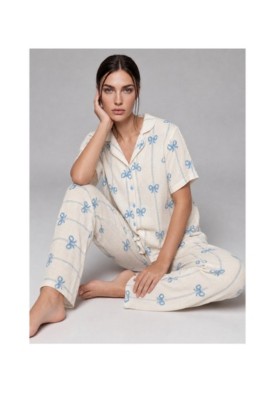 Womanandkids Night Mavi Kadın Kısa Kollu Fiyonk Desenli Pijama Takımı 4771