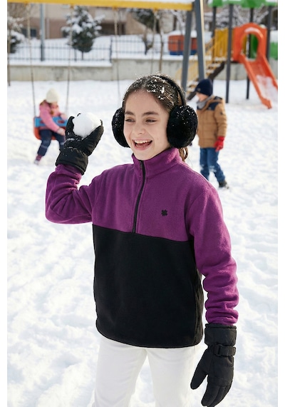 Lela Yumuşak Dokulu Yarım Fermuarlı Renk Bloklu Dik Yaka Unisex Çocuk Polar 5905004 Mor-Siyah