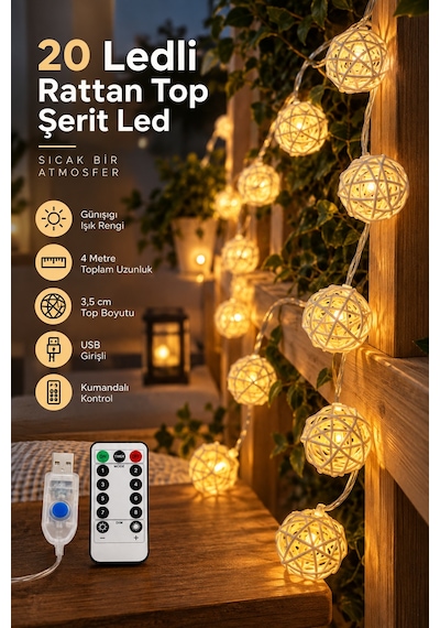 Deconitte 20 Rattan Top Şerit Led 4metre Usb Kumandalı Yılbaşı Parti Organizasyon Ev Dekorasyon Işığı Aydınlatma