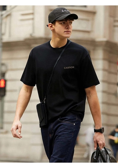 Erkek Siyah Oversize Caution Baskılı T-shirt Siyah-68106