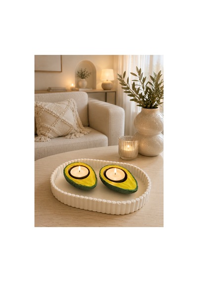 Avokado Tasarımlı 2 Li Tealight Mumluk Dekoratif Sunum Tepsili Set Yeşil