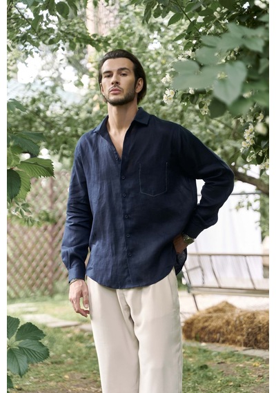 Mai Collection Mai Studios Co. Ombretta Lacivert Keten Oversize Erkek Gömlek Lacivert