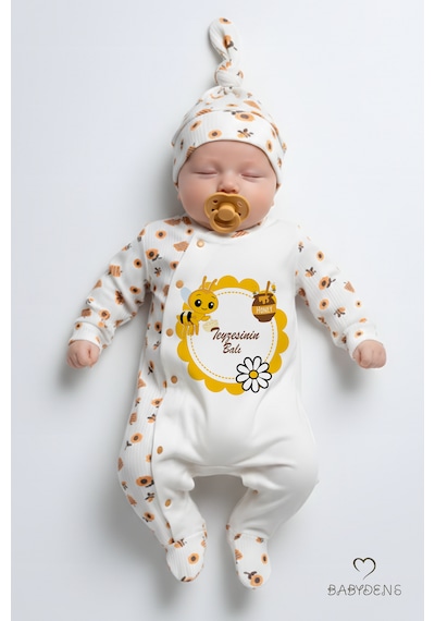 Babyden's Teyzesinin Balı Yazılı Yenidoğan Bebek Tulumu Şapka Seti Arı Desenli %100 Pamuk Çıtçıtlı Bebek Tulum Ekru