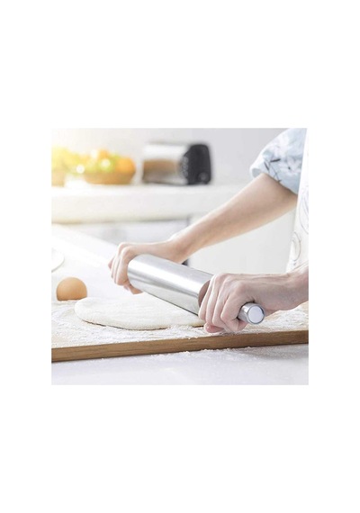 40 Cm Paslanmaz Metal Çelik Merdane Ergonomik Kulplu Çelik Profesyonel Hamur Açma Merdanesi Oklava