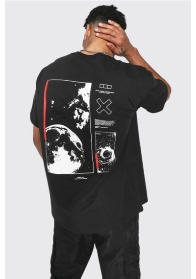 Startmore Siyah Uzay Sırt Baskılı Bisiklet Yaka Oversize T-shirt Siyah