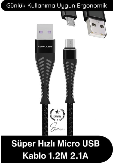 Şarjkablo Süper Hızlı Destekleyici S61 Micro Usb Kablo 1.2m 2.1a Hızlı Şarj Veri Aktarım Naylon Örg Siyah