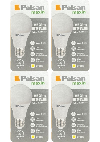 4 Adet Pelsan 8,5w 2700k Sarı Işık E27 Duylu Kalın Duy Led Ampul