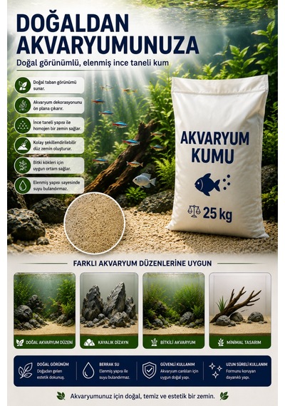 Doğal Akvaryum Kumu Açık Bej 25kg Ekonomik Paket İnce Taneli Elenmiş Tozdan Arındırılmış Fırında Kurutulmuş