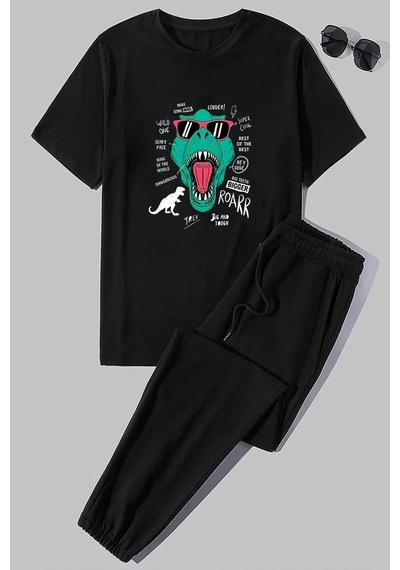 Uyguntarz Unisex T - Rex Baskılı 2'li Eşofman Takımı Siyah