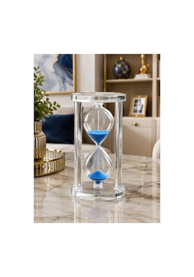 Modern Ofis Masa Üstü Biblosu Cam Kum Saati 10 Dakikalık Zamanlı Mavi Kum Dekoratif Hediye 14.5x8 Cm Biblo