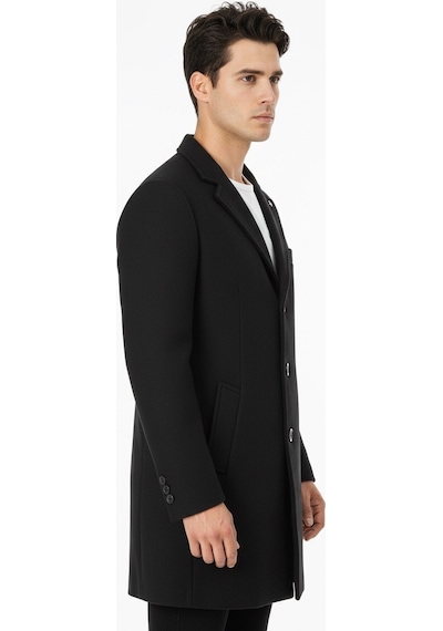 Süvari Slim Fit Sivri Yaka Erkek Koyun Yünlü Kaban Siyah