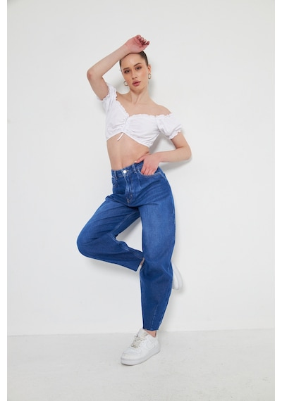 Kutaf Mavi Bol Kesim Yüksek Bel Balloon Fit Baggy Jean Kot Salaş Kadın Pantolon Mavi