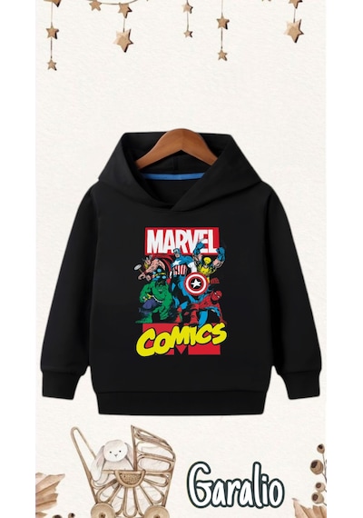 Startmore Marvel Baskılı Kapüşonlu Çocuk Sweatshirt Siyah