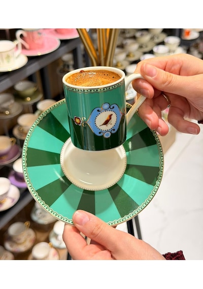 6'lı Porselen Green Bird Kahve Fincanı-5271 Yeşil