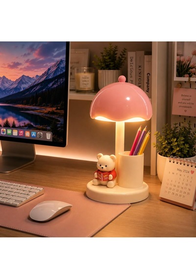 Ayıcıklı Led Masa Lambası Kalemlik Usb Şarjlı 3 Kademeli Ayıcık Kalemlik Telefon Tutucu Altın - Çok Renkli