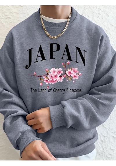 Tarzsokak Japonya Kiraz Çiçekleri Ülkesi Baskılı Erkek Kapüşonlu Üstleri Sonbahar Bol Sweatshirt Temel Gri
