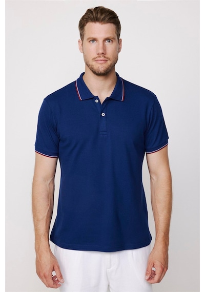 Tudors Erkek Slim Fit Dar Kesim %100 Pamuk Düz Pike Kol Şeritli Lacivert Polo Yaka Tişört-27647 Lacivert