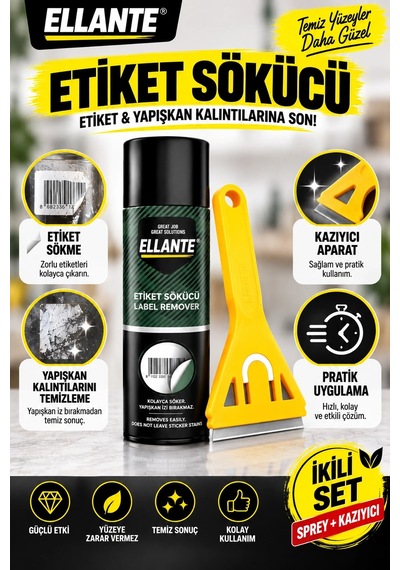 Etiket Sökücü Sprey + Sarı Kazıyıcı Aparat 2 Li Set Yapışkan Ve Etiket Kalıntısı Temizleme Seti