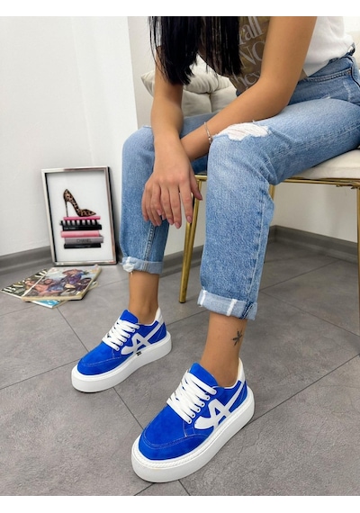 Erva'nın Butiği Mavi Beyaz Tig Kadın Bağcıklı Sneakers-4892 Mavi Beyaz Süet