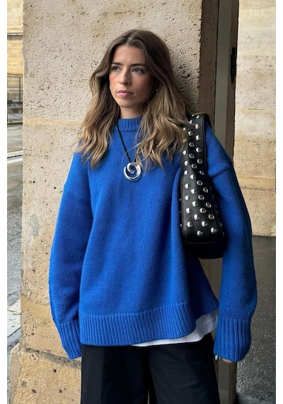 Madmext Saks Bisiklet Yaka Oversize Triko Kazak Mg1972 Saks