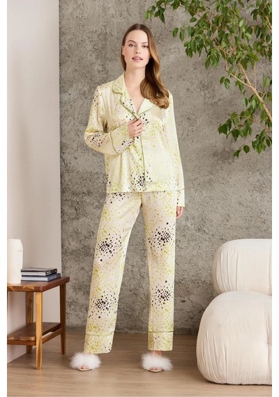 Pierre Cardin 1240 Kadın Saten Empirme Uzun Kollu Gömlek Pijama Takımı-lime Sarı