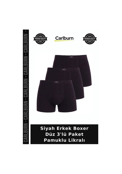 Carlburn Özel Seri Siyah Erkek Boxer Düz 3'lü Paket Pamuklu Likralı İç Giyim Temel Yumuşak