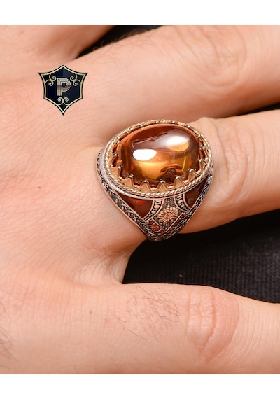Gümüş Erkek Yüzük Şampanya Topaz Taşlı Zirkon Taş Süslemeli (537125177)