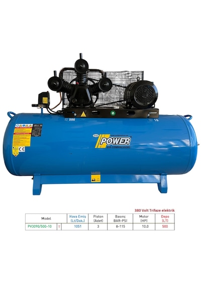 Power PV3090/500-10 500 L 10 HP 8 Bar Döküm Kafa Kompresör