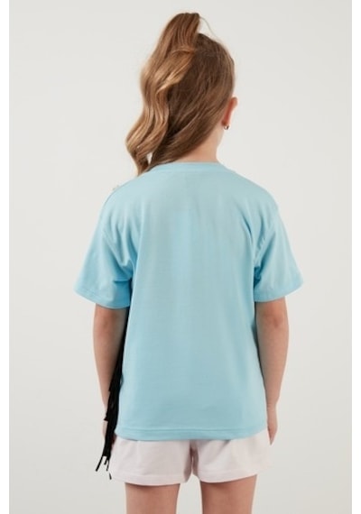 Lela Pamuklu Baskılı Püskül Detaylı Bisiklet Yaka Kız Çocuk T Shirt 6211020 Açık Mavi