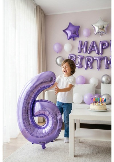 32 İnç Mor Rakam 6 Folyo Balon Çok Renkli