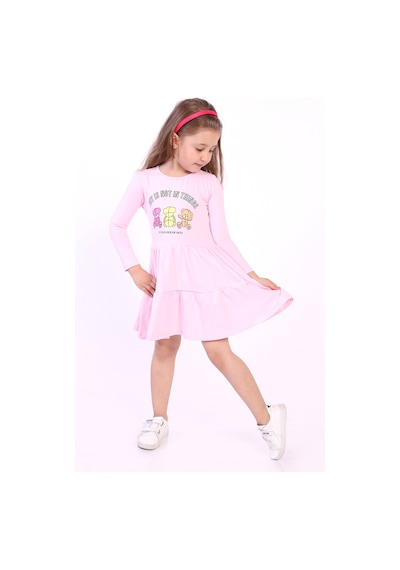 Toontoy Kız Çocuk Ayıcık Baskılı Elbise Açık Pembe