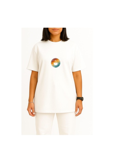 Bahriyeli Collection Oversize Kahve Her Zaman İyi Fikir Göğüs Baskılı Unisex T-shirt Beyaz
