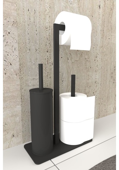 Aju Tuvalet Kağıtlığı Yedekli Tuvalet Fırçası Standı Metal Ağır Devrilmez Modern Wc Kağıtlık Tutacağı Siyah