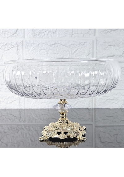 Lotus Kristal 24 Cm Kesme Dekor Gold Döküm Ayak Salata Kasesi Cam Sunumluk & Salata Kase Naturel
